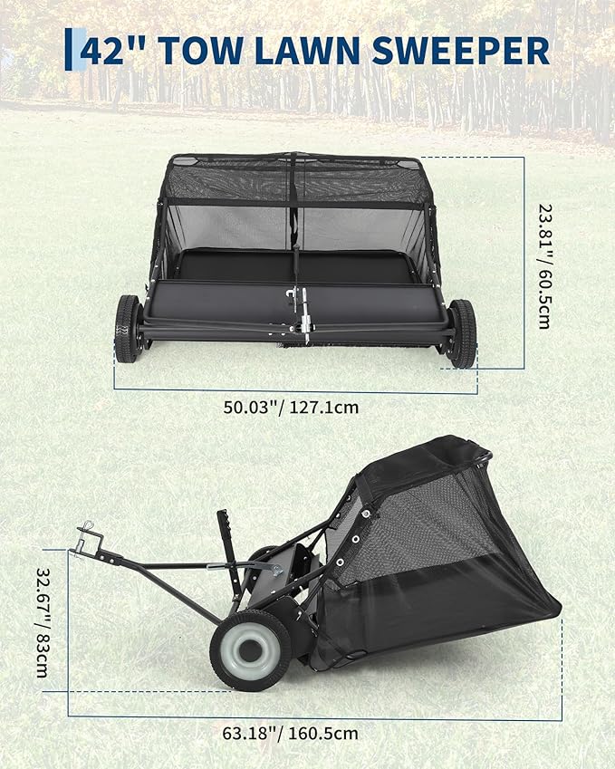 42 in Lawn Sweeper Tow Behind, Pull Behind Yard Sweeper, 21 cu. ft Large Hopper Leaf & Grass Collector, Heavy Duty Garden Sweeper with Adjustable Sweeping Height for Yard, Lawn, Farm