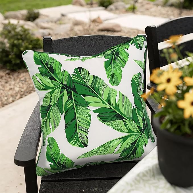 Outdoor Throw Pillow with Insert 18x18 Inch, Set of 2, Piping Edge Waterproof Fade Resistant Decorative Fluffy Pillows for Patio Furniture Chair Bench Couch Sofa - Green Leaves White