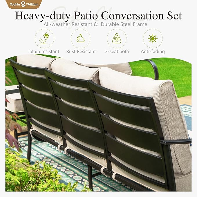 Sophia & William Patio Furniture Sets with 45" Gas Fire Pit Table Outdoor Metal Conversation Sets for 5, 2 x Swivel Cushioned Patio Sofa Chairs, 1 x 3-Seat Sofa 4 Pieces for Lawn Backyard Beige