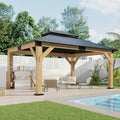 AMERLIFE 13x15 Hardtop Gazebo, Spruce Wood Gazebo with Storage Bar Counter, Outdoor Pavilion with Double Iron Roof, for Patio, Lawns, Garage, Black + Natural Wood