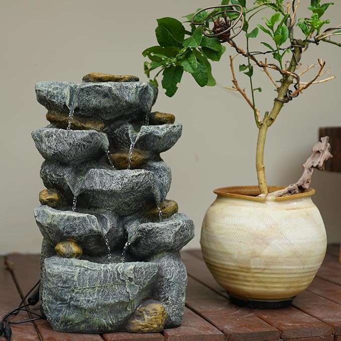 Solar Powered Water Fountain, 5 Tier Cascading Stone Design Feature Outdoor Fountains Waterfalls with Light, Pump Solar Panel for Patio, Deck, Porch, Backyard Home Decor,19.3" H