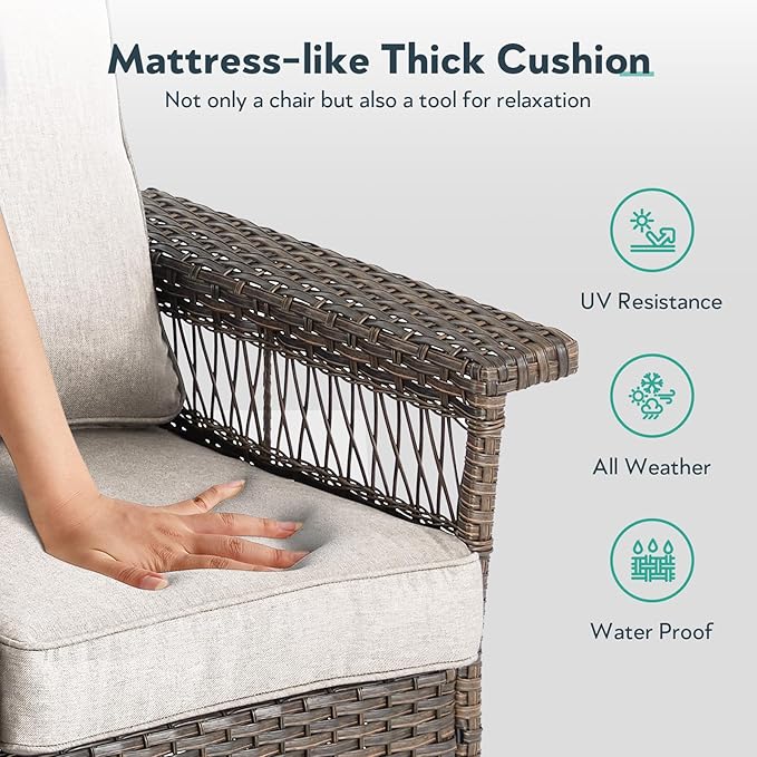 6 Pieces Wicker Patio Furniture Set - Hollow Widen Armrests Outdoor Swivel Glider Chairs and 3 Seat Sofa with Coffee Table & Ottomans for Balcony Porch Deck and Yard - Brown/Beige