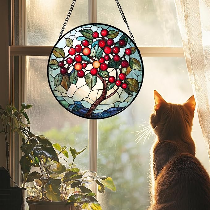 CRIS GIF Stained Glass Window Hanging - Red Fruit Tree Landscape Suncatcher for Doors Garden Patio Sun Catchers Decor Christmas Mother's Day Birthday Gifts for Women Men Mom Nana Friend 6.3 in
