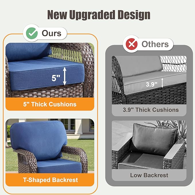 9 Pieces Patio Furniture Set Outdoor Sectional Sofa Couch with Rocking Swivel Chairs 5" Deep Seat Chairs, Modern Wicker Rattan Conversation Set, Blue/Brown Wicker