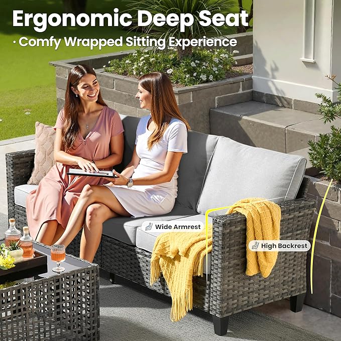 ovios 6 Pieces Patio Furniture Set Outdoor Sofa Couch with Solar Lights Table Comfy Cushions, Modern Deep Seat Wicker Rattan Conversation Set for Porch Deck, Grey