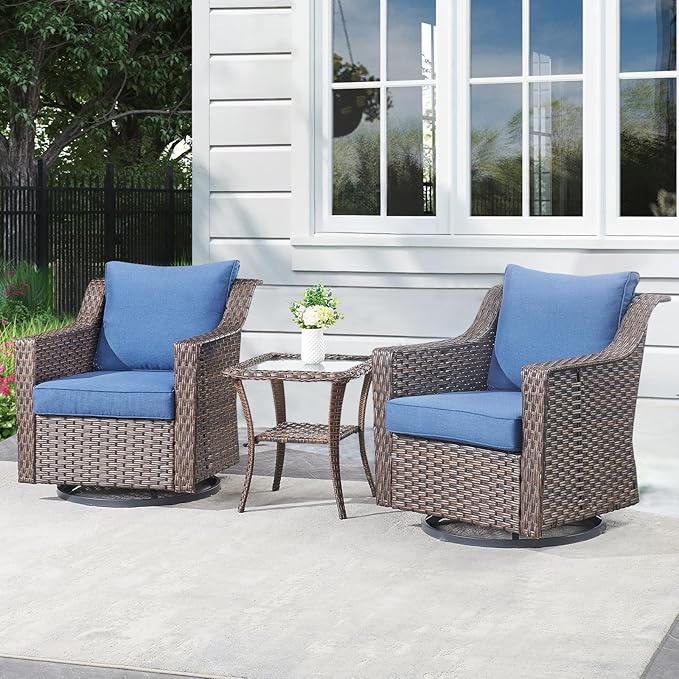 Outdoor Patio Wicker Swivel Chairs - Set of 2 Outside Resin Rattan Rocker Glider Gliding Chair Rocking Armchairs for Front Porch Balcony Backyard Yard Deck Poolside Apartment – Brown/Blue