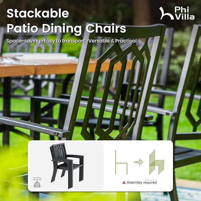 PHI VILLA Patio Dining Set 5 Pcs 1 Metal Square Garden Umbrella Table 37" and 4 Armrest Chairs Support 300 lbs for Ourdoor Backyard Bistro Furniture Set
