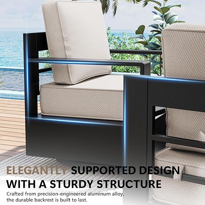 Outdoor Patio Furniture Set, 5-Piece Aluminum Patio Conversation Set All-Weather Metal Outdoor Sectional with 6 Inch Thick Cushions, Deep Setting for Garden, Outside and Porch