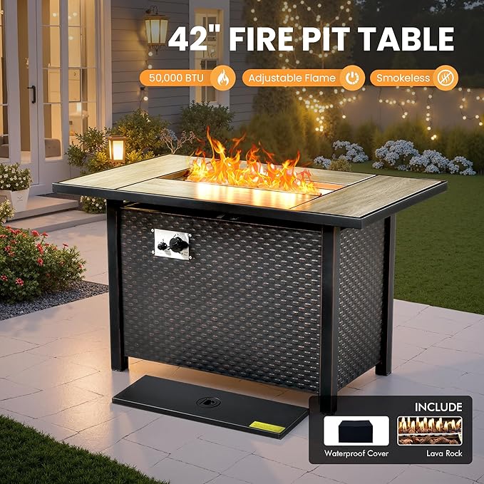 Outdoor Sectional Patio Furniture Set with Fire Pit Table and Glowing Table,6 Pieces Wicker Conversation Sets L Shaped Couch Out Door Sofa Set Outside Furniture for Garden Deck Yard,Grey