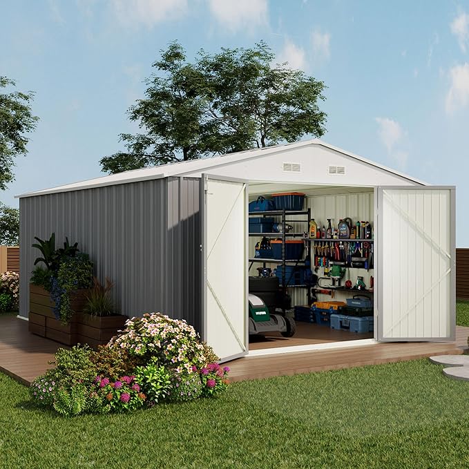 Devoko 10x14 FT Outdoor Storage Shed, Large Metal Storage Sheds with Lockable Door, Utility Garden Tool Shed with Sloping Roof, Outside Steel Storage Sheds for Patio Lawn Backyard, Gray