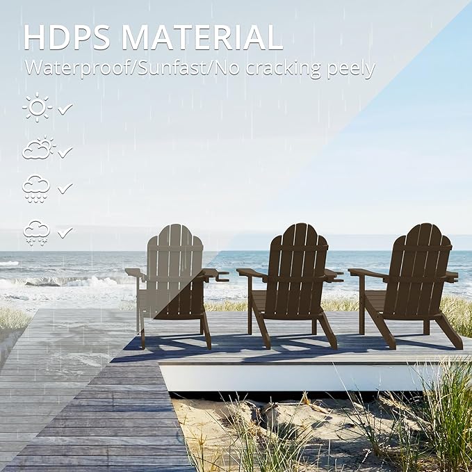 LUE BONA HDPS Adirondack Chairs Set, Fire Pit Outdoor Chair Weather Resistant with Cup Holder, Modern Plastic Chair Plastic for Patio, Deck, Proch, 350LBS, 4 Set, Dark Brown
