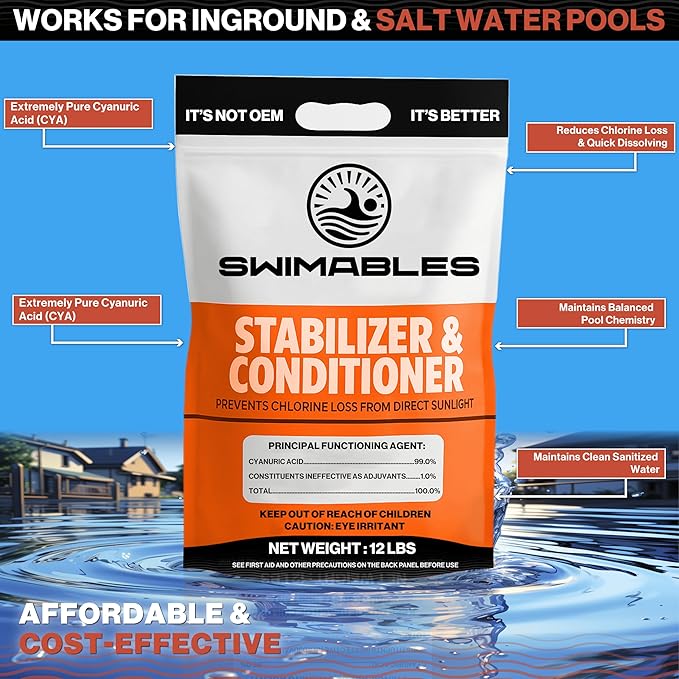 Swimables 12-Pounds Premium Pool Stabilizer & Conditioner, Max Strength Cyanuric Acid for Pools, Spa & Salt Water – Reduces Chlorine Loss, Ideal for Swimming & Hot Tubs