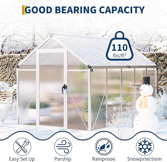 6x10 ft Greenhouse for Outdoors, Polycarbonate Greenhouse with Roof Vent, Ground Nails, Lockable Push Door, Aluminum Large Walk-in Green House for Outside Garden Backyard, Patio, Lawn, Silver