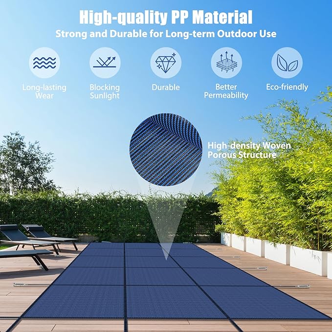 Inground Pool Cover Safety Fits Rectangle Swimming Pool, Mesh Solid Pool Cover for Inground Pools,Winter Pool Safety Cover Includes Safety Net and Installation Tools Blue (Blue, Fits 18x36ft Pools)