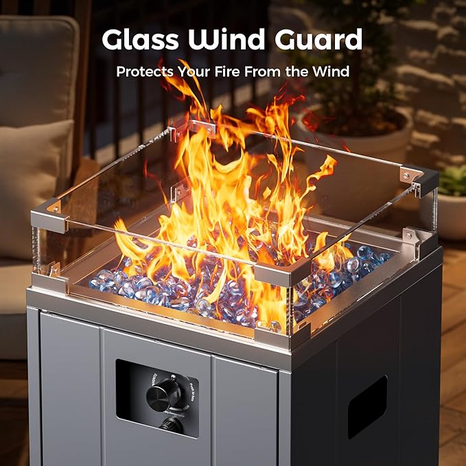 BALI OUTDOORS 15 inch Gas Fire Pit, Outside Propane Firebowl with Glass Wind Guard, Patio Square Fireplace with Fire Glass Stone for Backyard, Garden and Terrace