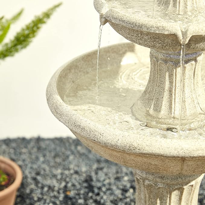 Glitzhome Outdoor Fountains and Waterfalls 3 Tier Patio Fountain with Pump & LED Light, Resin Terrazzo Water Fountains Oversized Outdoor Floor Stand Fountain for Garden Backyard Yard Lawn Sand Beige