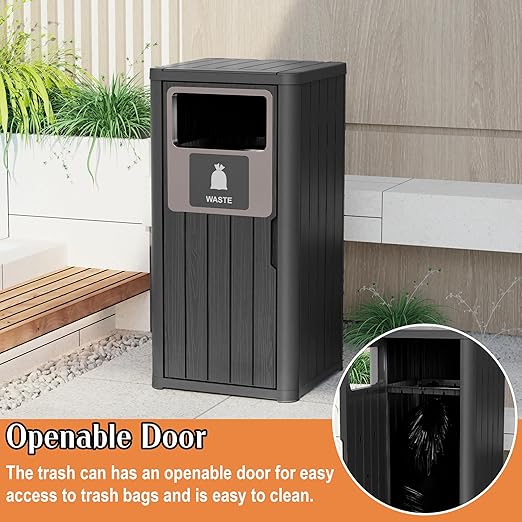 Outdoor Single Barrel Trash Can,Waterproof Resin Garbage Can with Garbage Labels,Durable Waste Bin for Porch, Backyard,Kitchen,for 30 to 39 Gallon Trash Bags
