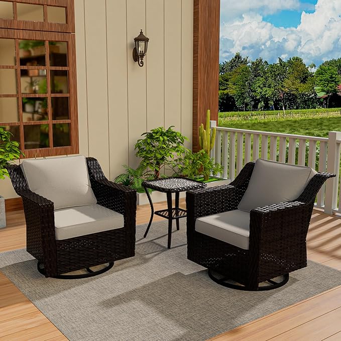 Vista Vibe 3 Pieces Outdoor Patio Conversation Furniture Set - 360 Degree Swivel Glider Rocker Chairs | Wicker End Table, Washable Cushions, Hand-Woven PE Rattan, Lawn, Sunroom (Brown/Beige)