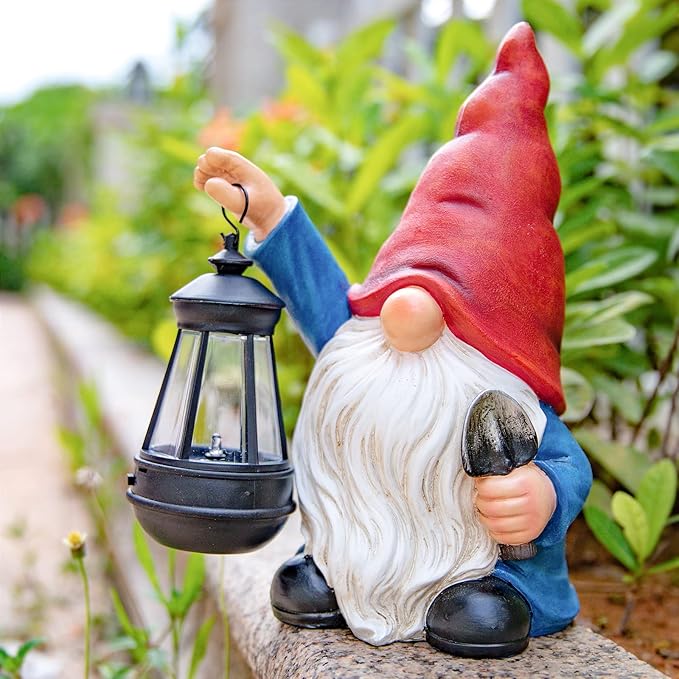 Garden Gnomes Statues Outdoor Decor with Shovel Solar Gnome with Lantern LED Lights,Terrace Xmas Courtyard Lawn Patio Porch Decoration Birthday Christmas Housewarming Gift for Mom Women