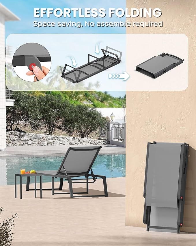Aluminum Chaise Lounge Chair Outdoor, Foldable & Assembly Free Patio Pool Lounge Chairs 5-Position Recliner for Outside Poolside, Fully Grounded Legs Sun Lounger for Beach, Yard, Dark Gray