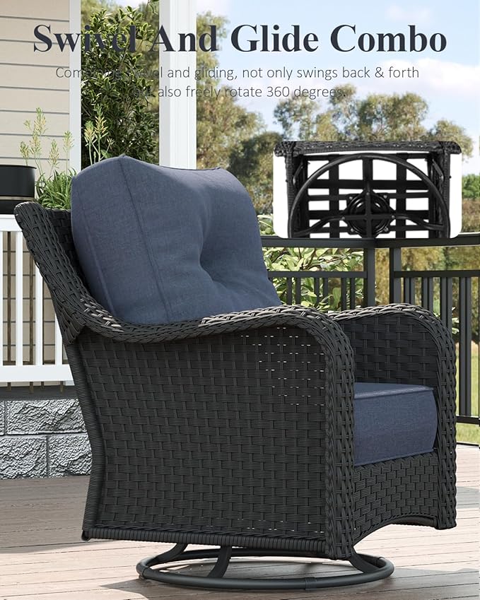LayinSun 5 Piece Wicker Outdoor Furniture Set with 6-inch Comfy Cushions, High Back Patio Furniture Set with Swivel Rocking Chairs and Fire Pit Table