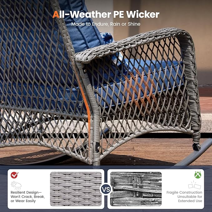 UDPATIO 3 Piece Patio Furniture Set, Wicker Rocking Bistro Set with 2 Rockers, 1 Side Table and 4‘’ Thick Cushions for Backyard, Porch, Balcony, Poolside, Grey/Blue