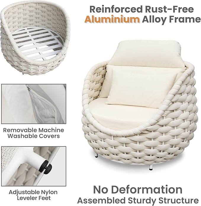Patio Accent Chairs Set of 2: Aluminum Porch Lounge Chair with Arms - Woven Rope Cushioned Armchair - Modern One Seater Sofa - Outdoor Deck Furniture for 400lbs Balcony Yard Garden Hotel, Beige