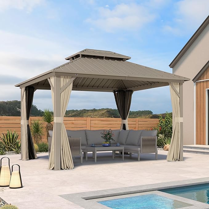 PURPLE LEAF 10' x 12' Outdoor Hardtop Gazebo, Champagne Aluminum Gazebo with Galvanized Steel Double Roof, Curtains and Netting for Patio Lawn and Garden