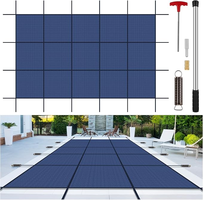 Inground Pool Cover Safety Fits Rectangle Swimming Pool, Mesh Solid Pool Cover for Inground Pools,Winter Pool Safety Cover Includes Safety Net and Installation Tools Blue (Blue, Fits 18x36ft Pools)