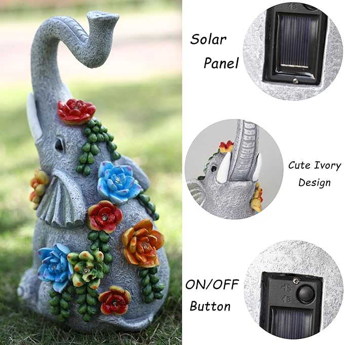 Solar Garden Statue Elephants Figurine with Solar Lights Outdoor Yard Decorations for Patio Porch Home Elephant Gifts for Women Mother's Day Housewarming Birtheday Gifts