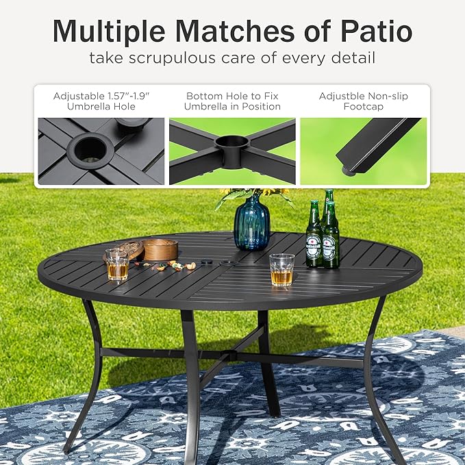 PHI VILLA 5 Pieces Outdoor Dining Set with Umbrella for 4, Round Metal Iron Dining Table & Wicker Chairs with Cushions & Large Beige Umbrella, Morden Dining Furniture for Patio, Deck, Yard, Porch