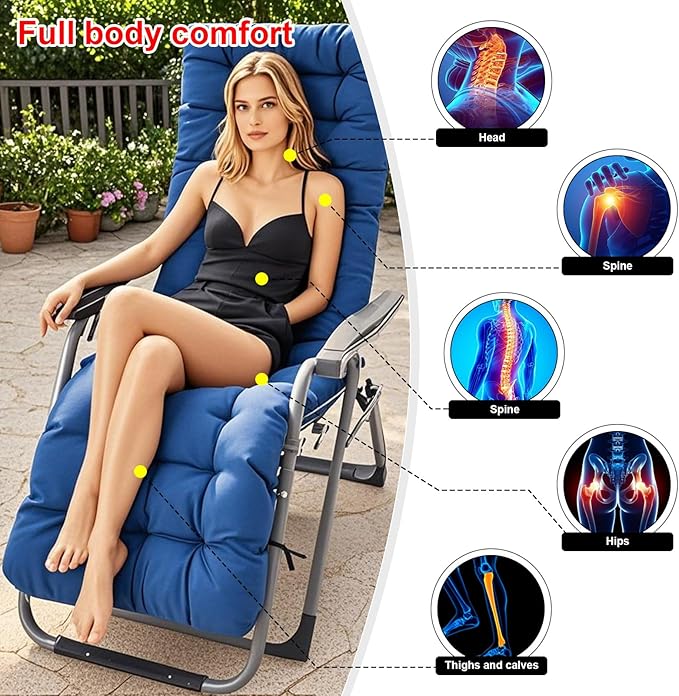 ERWUDEling Zero Gravity Lounge Chair Cushion 67 Inch - Thick & Soft Waterproof Patio Furniture Cushion for Outdoor/Indoor Use, Non-Slip with 8 Ties, Blue (19" W x 67" L x 4" T)