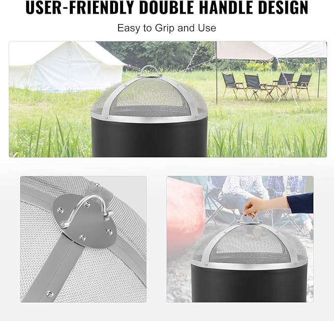 Fire Pit Spark Screen Round 20", Reinforced Heavy Duty Steel Metal Cover, Outdoor Firepit Lid, Easy-Opening Top Screen Covers Round with Ring Handle for Outdoor Patio Fire Pits Backyard