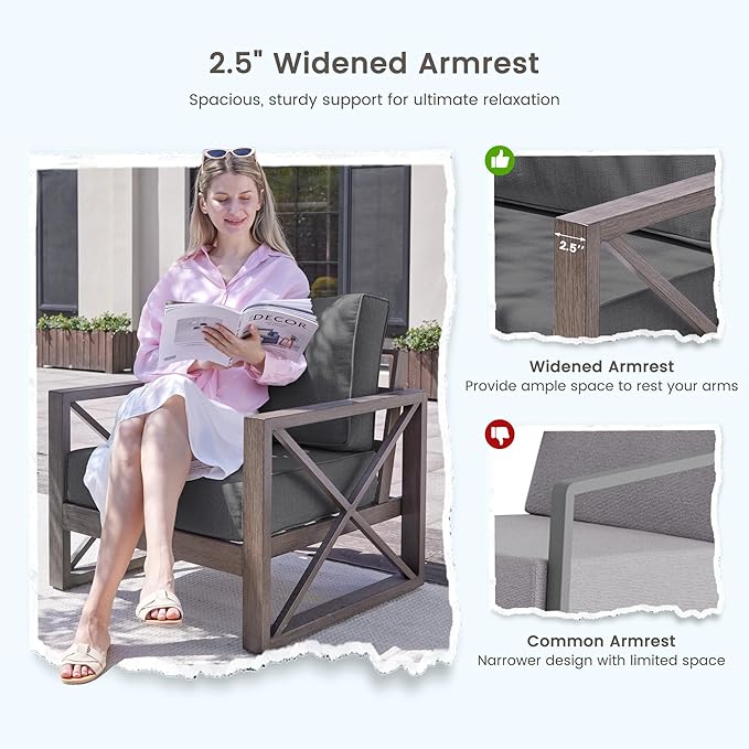 UDPATIO 5 Piece Aluminum Patio Furniture Set with Fire Pit Table,Faux Wood Patio Conversation Set with Olefin Fabric Thick Cushions, Aluminum Outdoor Furniture, 600D Waterproof Cover Included, Grey