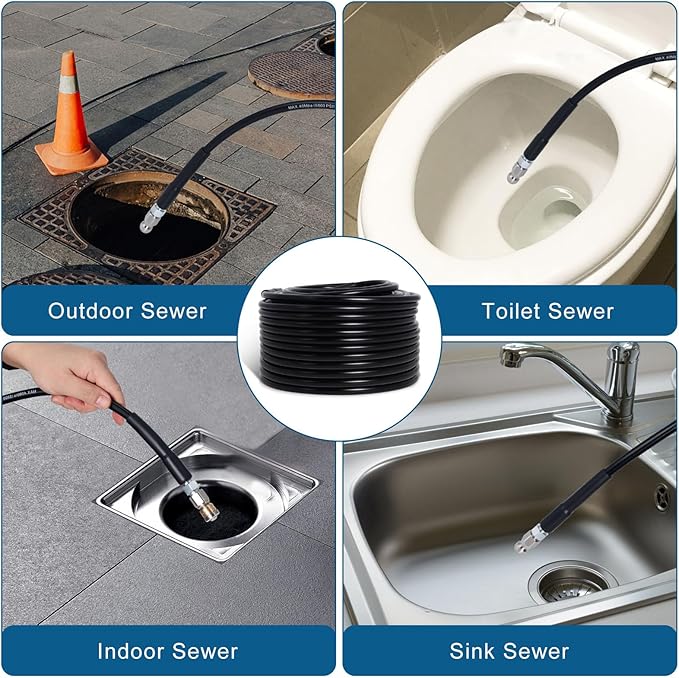 100FT Sewer Jetter Kit for Pressure Washer, 5800PSI Water Jet Durable Drain Cleaner Hose 1/4 Inch NPT Corner with 4 Specialized Nozzles，Waterproof Tape, Pearl Corsage Pin, Handle Strap & 2 Spanners