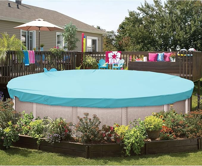 ECOOPTS 18 ft Waterproof Round Polyester Pool Cover for Above Ground Pools, Swimming Pool Cover Protector Winter Safety Cover (Turquoise)