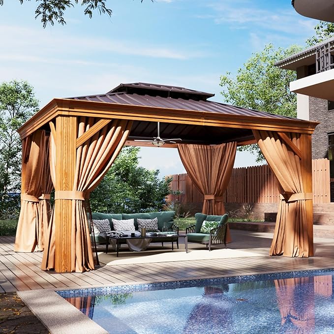 Aoxun 10' x 12' Hardtop Gazebo, Wooden Finish Coated Aluminum Frame Canopy, Galvanized Steel Double Top, Outdoor Permanent Metal Pavilion with Curtains and Netting, for Backyard, Patio and Deck