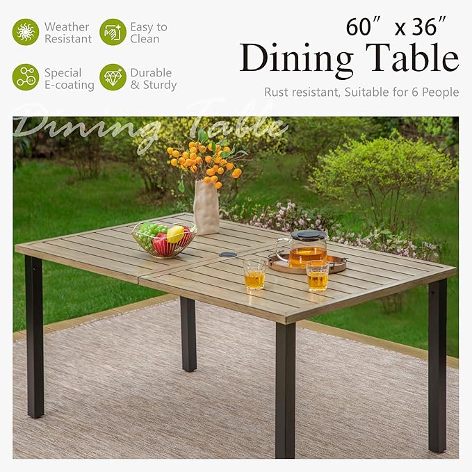 Sophia & William Patio Table and Chairs Set, Outdoor Dining Set for 6, 7 Piece Metal Patio Furniture, 60" Rectangular Table with Wood-Like Tabletop(Diamond)