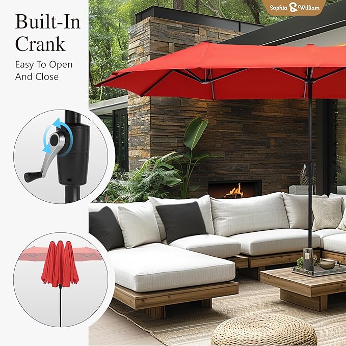 Sophia & William Patio Set with Umbrella Patio Dining Set for 6 with 13ft Rectangle Patio Umbrella Red, 6 x Patio Chairs Brown, 1 Wood Like Outdoor Dining Table with Umbrella Hole for Lawn Garden