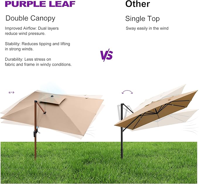 PURPLE LEAF 9' X 12' Double Top Deluxe Wood Pattern Rectangle Patio Umbrella Offset Hanging Umbrella Outdoor Market Umbrella Garden Umbrella, Beige
