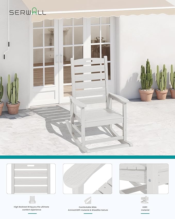 SERWALL HDPE Outdoor Rocking Chair, Oversized Rocking Chair with Footboard, High Back Porch Rocker Chair with 350lbs Support, White