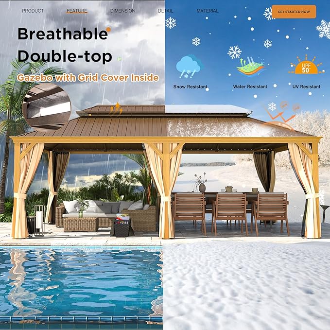 YOLENY 14' x 22' Hardtop Gazebo Wood-Looking Aluminum Frame Pergola with Galvanized Steel Double Roof, Outdoor Permanent Metal Pavilion with Netting and Curtains for Lawns，Deck and Backyard