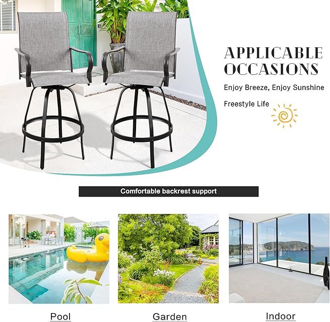 Vongrasig 2 Piece Patio Swivel Bar Chairs, All Weather Metal Textile High Swivel Bar Stools Chairs, Outdoor High Top Bistro Set for Backyard, Lawn Garden, Balcony, Light Grey