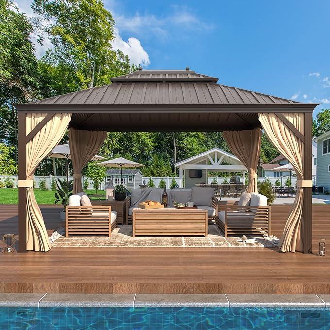 YOLENY 10'x12' Hardtop Gazebo with Double Galvanized Steel Roof, Pergolas Aluminum Frame, Curtains and Netting Included, Metal Outdoor Gazebos for Patios, Garden, Lawns, Parties