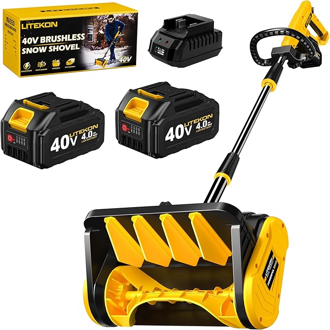 Cordless Snow Shovel, 40V | 13-Inch | 4.0-Ah High Power Brushless Snow Blower, Battery-Powered Snow Blower for Patio, Deck, Driveway (2 * 40V Battery & Quick Charger Included)
