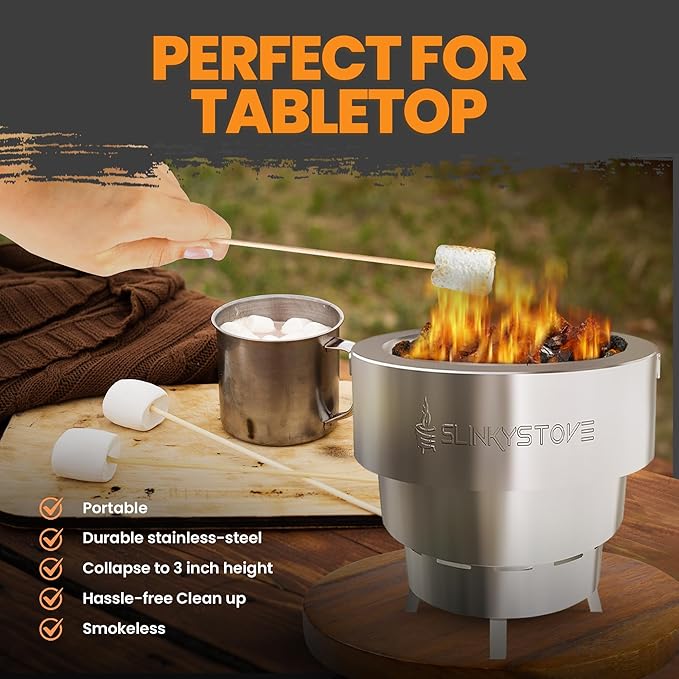 Slinky Stove Smokeless Fire Pit for Outdoor Wood-Burning - 7-Inch Patented Collapsible Firepit with Cooking Grill - Portable Stainless Steel Solo Pit for Camping, Backyard, Patio Bonfires