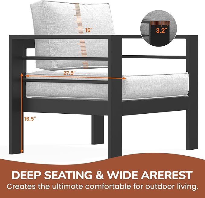 Solaste Aluminum Patio Furniture Set for All Weather, Oversized Metal Outdoor Furniture Set with 27.5" Deep Seating and 3.2" Wide Armrest, Patio Conversation Set with 5" Cushion, Black and Grey