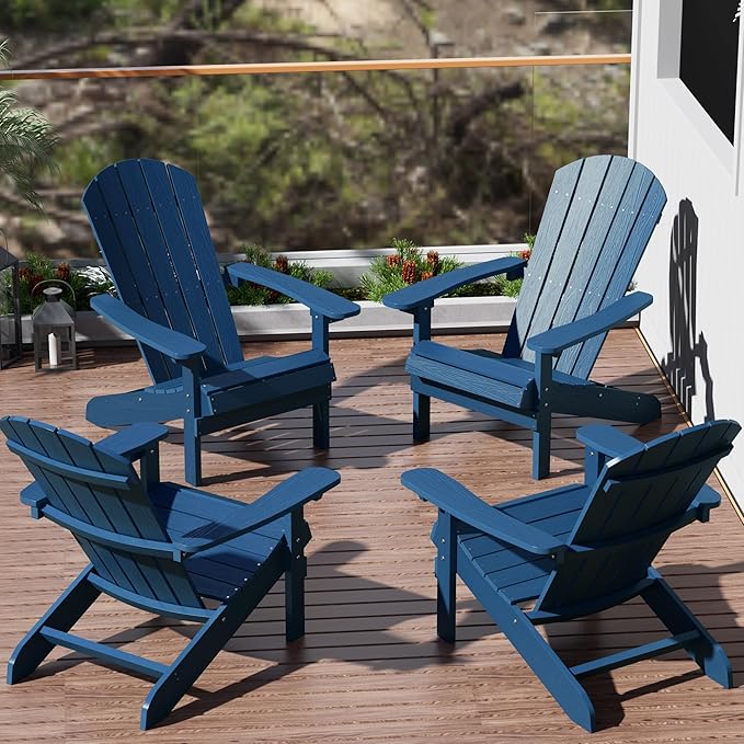 YEFU Adirondack Chairs Set of 4: Outdoor Chair HIPS Plastic Adirondack Chairs - Patio Chairs with Wood Texture - Lawn Fire Pit Deck Porch Garden Chairs for Adults (Navy Blue)
