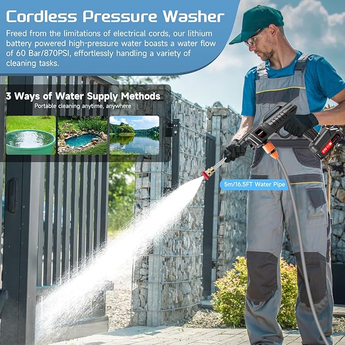 Cordless Pressure Washer Gun, 1500W Portable Battery Power Washer, 60Bar/870 PSI Electric Pressure Washer Handheld High Pressure washers with Nozzles, 2 Battery, 5m Hose Cordless Jet Washers