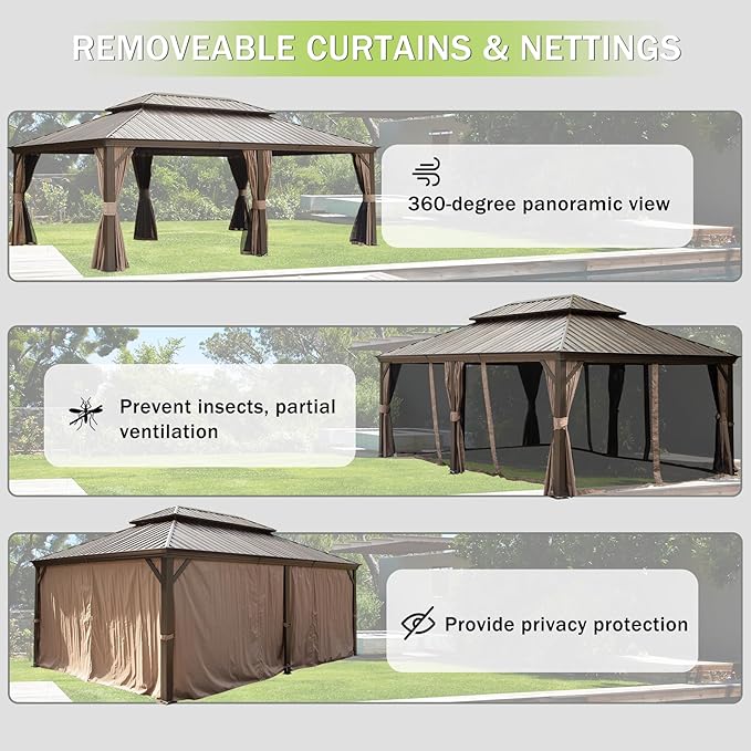 Domi 14x22FT Outdoor Gazebo, Hardtop Gazebo with Galvanized Steel Double Roof, Metal Gazebos with Drainage System Patio Pergola for Patio Deck Backyard,Curtain and Netting,Brown